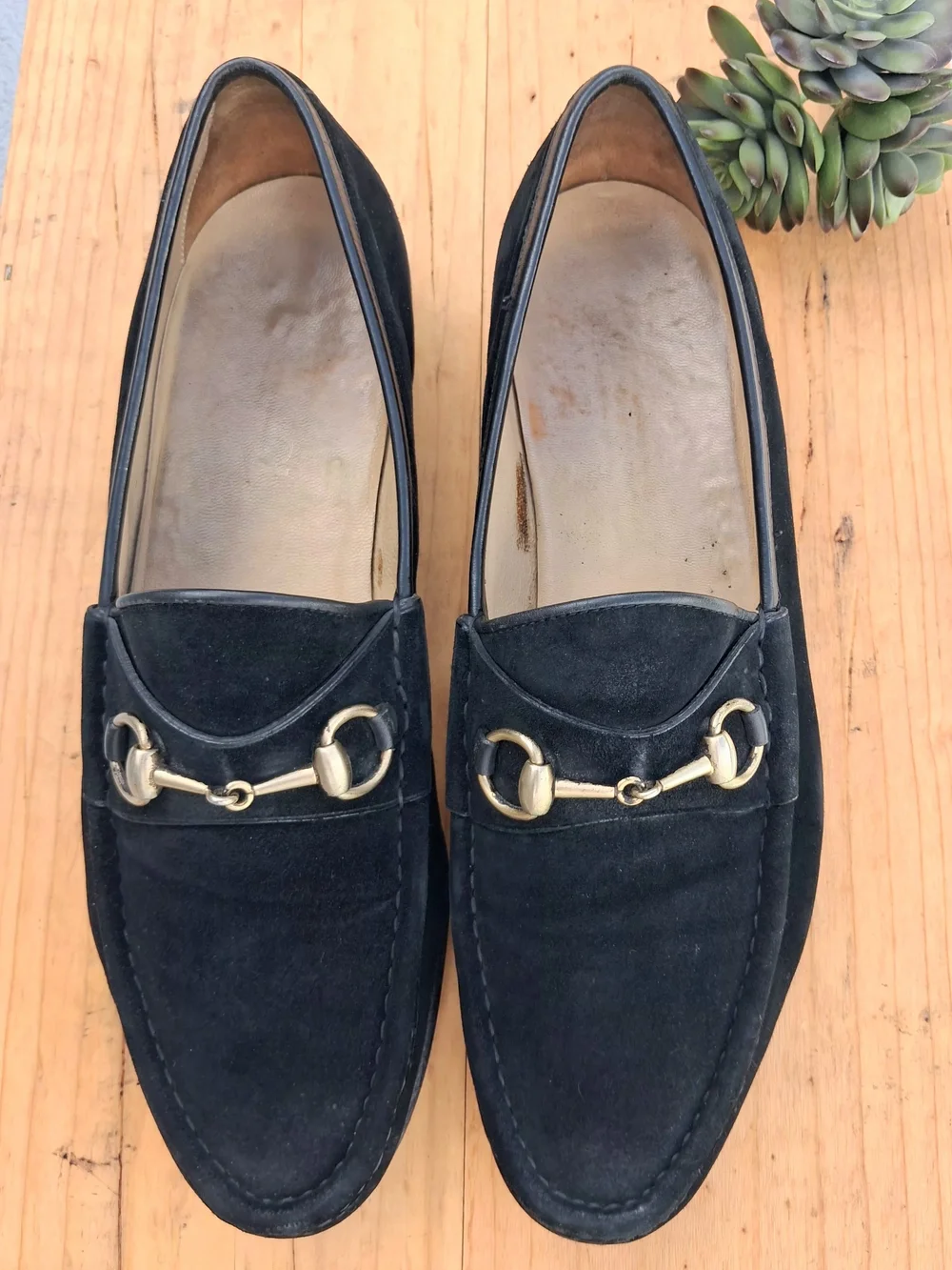 Vintage Gucci Men's Black Suede Loafers w/Gold Horsebit Hardware Size 45.5/12